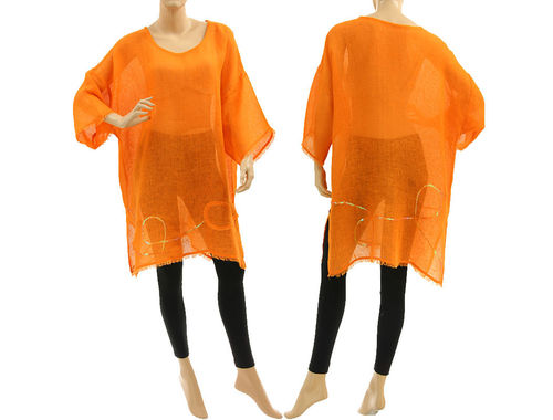 Boho summer linen tunic, beach dress with sequins and fringes in orange S-XL