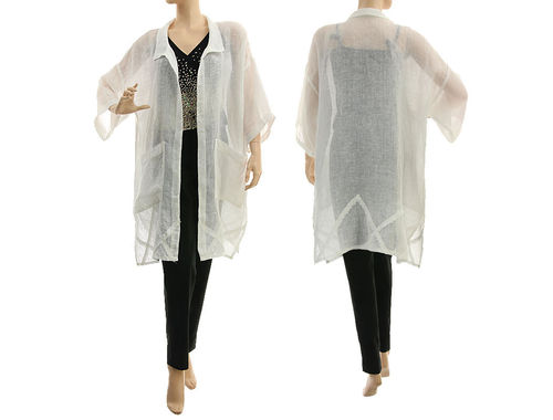 Boho linen gauze jacket duster with collar, in white S-XL