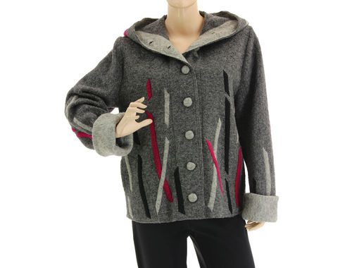 Lagenlook hooded jacket with stripes, boiled wool in grey black pink M-L