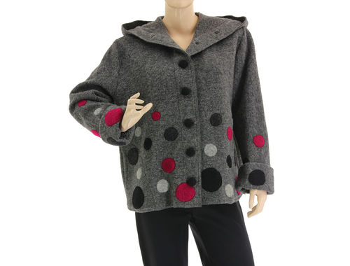Lagenlook hooded jacket with polka dots, boiled wool in grey black pink M-L