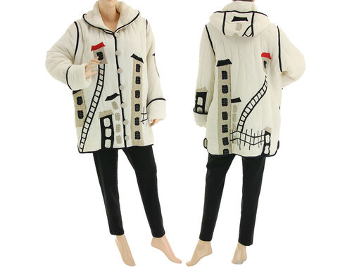 Lagenlook hooded jacket with houses, crinkle cotton in white L-XL