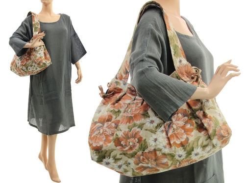 Large shoulder bag handbag made of flowered linen