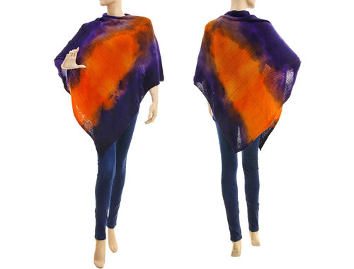 Knitted poncho cover up, lambswool in purple orange S-XL
