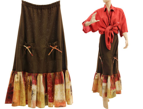 Boho maxi linen skirt long ruffle, chocolate brown M