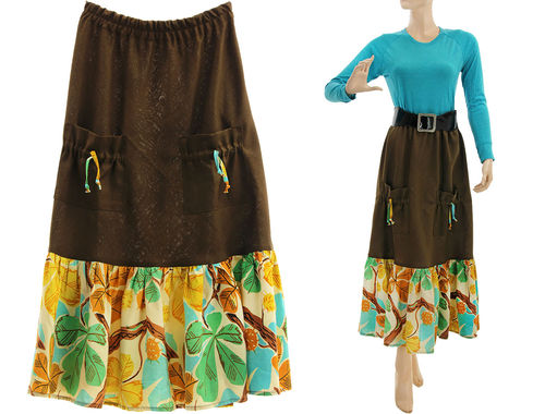 Boho maxi linen skirt with long ruffle, dark brown M