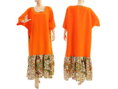 Loose orange ruffled maxi linen dress plus size L-XXL