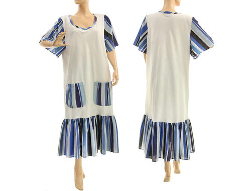 Linen cotton white blue ruffled tank dress plus size M-L
