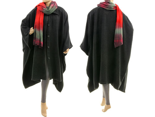 Wide lagenlook cape poncho, wool in dark grey one size S-XXXL