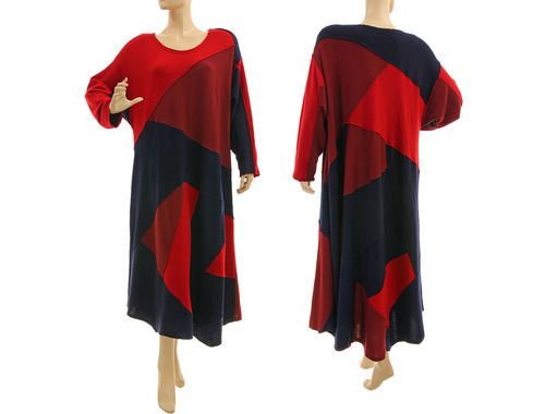 Maxi sweater dress, patchwork upcycled wool in red blue L-XL