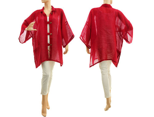 Wide lagenlook linen blouse cover up in red M-XL
