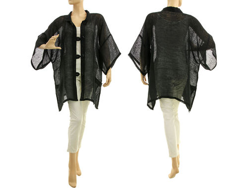 Wide lagenlook linen blouse cover up in black L-XXL