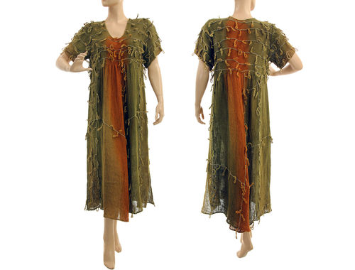 Lagenlook summer party linen dress in green rust S-M