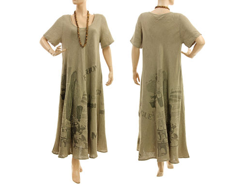 Maxi linen dress with print lagenlook in natural M-L
