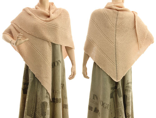 Large triangle shoulder shawl, hand knitted in apricot