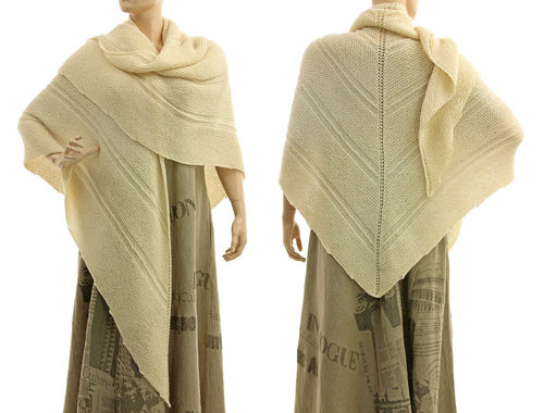 Very large triangle shoulder shawl, hand knitted in ecru